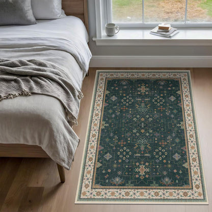 Oushak Dark Green 3x6 Kitchen Rug - Modern Vintage Boho Floral Design, Washable Non-Slip Area Rug for Entryway & Bedroom