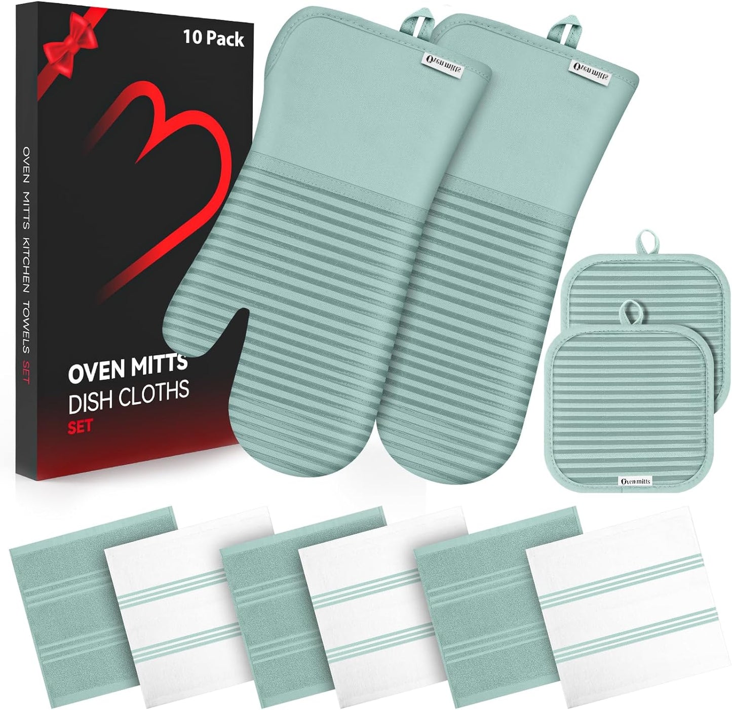 Skiennix Oven Mitts and Pot Holder Set - 500°F Heat Resistant Silicone Grip | 6 Pack Mint Green Cotton Kitchen Essentials