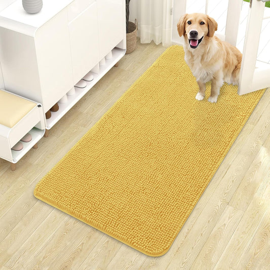 OLANLY Dog Door Mat - Absorbent Non-Slip Washable Doormat for Muddy Paws | 44x24 Yellow Chenille Mat