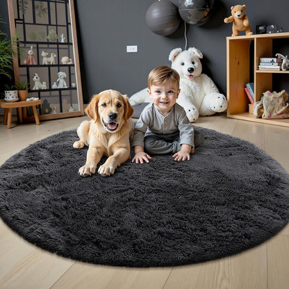 OLANLY Black Round Area Rug - Soft, Fluffy, Machine Washable 9 ft Circle Carpet for Bedroom & Living Room Decor