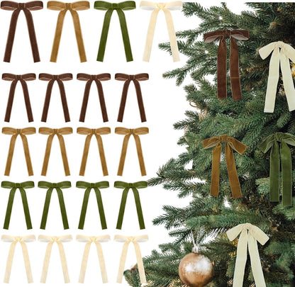 Skiennix 24 Pcs Velvet Bows - Vintage Ribbon Bows for Christmas Tree & Crafts | 5x7 Inch, Brown, Khaki, Beige, Moss Green