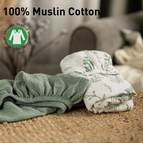 Muslin Bassinet Fitted Sheets 2 Pack, Soft Breathable Cotton Baby Bassinet Mattress Sheet Set, 360° Elastic Snug Fit, Universal for Oval, Rectangle & Hourglass Cradle, Baby Bedding (Bright Leaves)