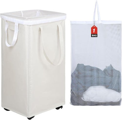 DOKEHOM X-Large 90L Laundry Basket - Collapsible Rolling Hamper with Removable Wash Bag | Beige