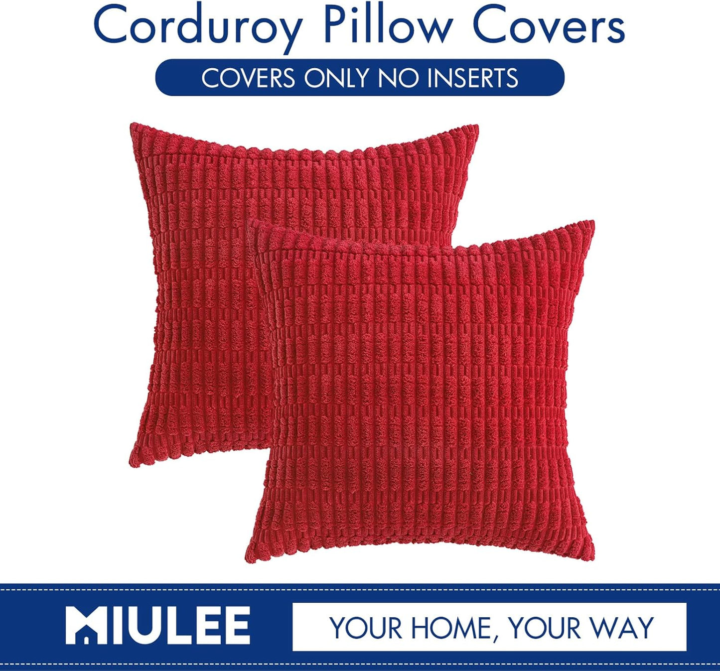 MIULEE Decorative Pillow Covers - Pack of 2 Red Corduroy 16x16 Inch Soft Boho Striped Design for Modern Farmhouse Decor