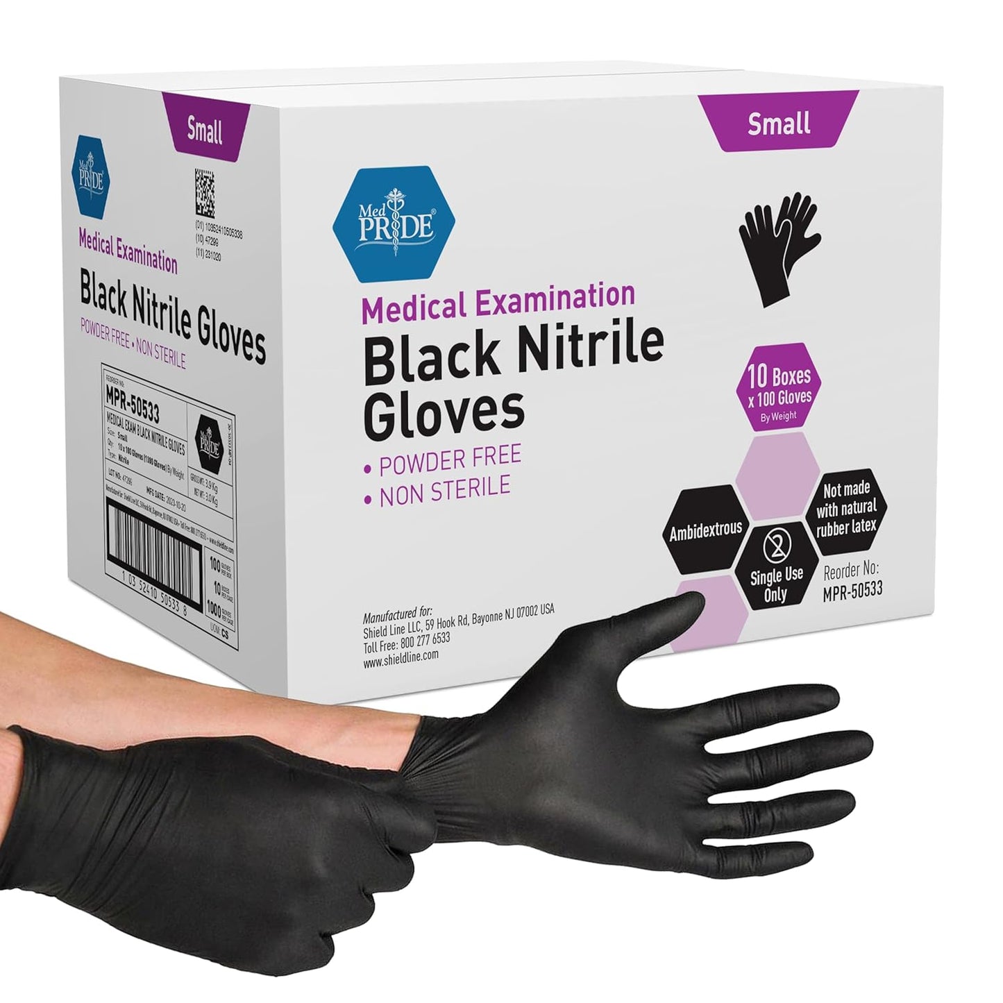 Med Pride Heavy Duty Black Nitrile Gloves - Non-Allergenic, Ultra-Strong 4 Mil Thick | 1000-Count (Small)