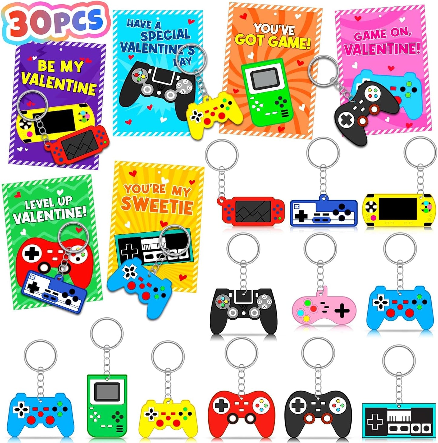 Skiennix Valentine's Day Cards - 30pcs Kids Video Game Keychains | Perfect Classroom Exchange Gifts
