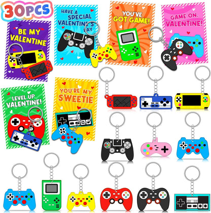 Skiennix Valentine's Day Cards - 30pcs Kids Video Game Keychains | Perfect Classroom Exchange Gifts