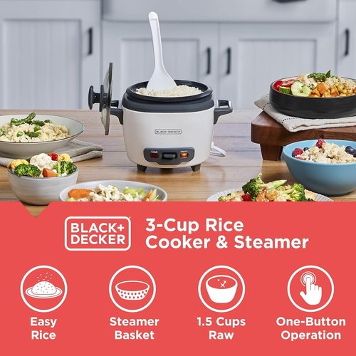 BLACK+DECKER 3-Cup Rice Cooker - One-Touch Operation, Removable Non-Stick Bowl, Steaming Basket | White