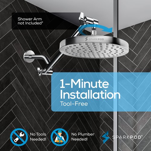 SparkPod Shower Head - High Pressure Rain - Premium Quality Luxury Design - Easy Clean Adjustable Replacement for Your Bathroom Shower Heads (Luxury Polished Chrome, 8 Inch Round)