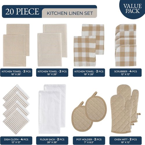 LANE LINEN 20-Piece Kitchen Dish Cloths Set - 100% Cotton, Heat-Resistant Mittens & Pot Holder, Absorbent Beige Towels