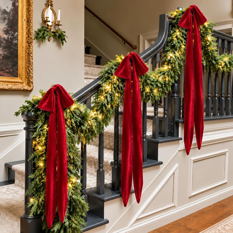 Giant Burgundy Velvet Christmas Bow Ornaments Set of 4 with Long Tails