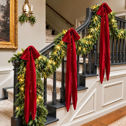 Giant Burgundy Velvet Christmas Bow Ornaments Set of 4 with Long Tails