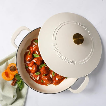 Martha Stewart Gatwick Enameled Cast Iron Dutch Oven Braiser - 3.5 Quart, Linen with Gold Knob