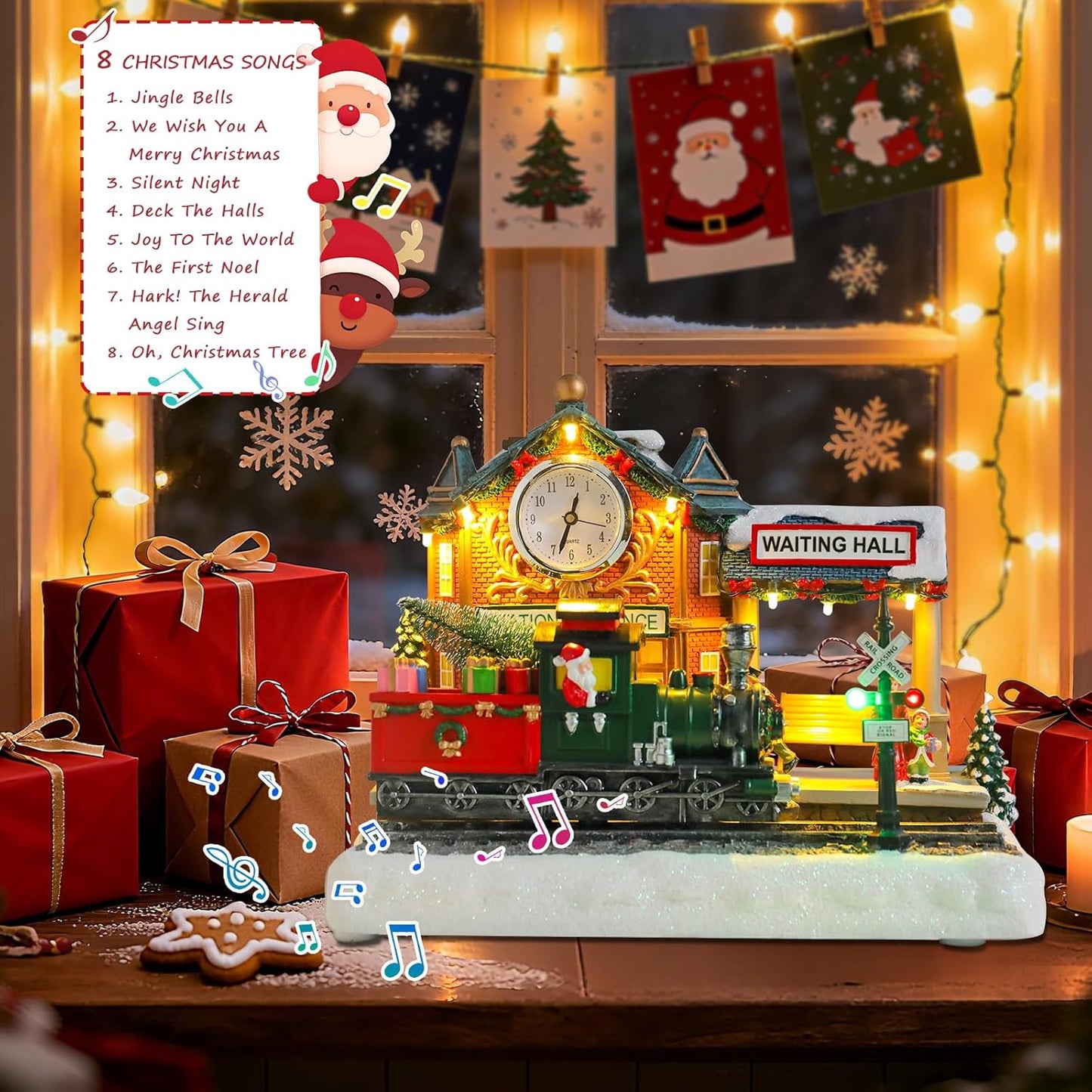VCUTEKA Animated Christmas Village Train Station - Lighted Musical Santa Decor for Holiday Display