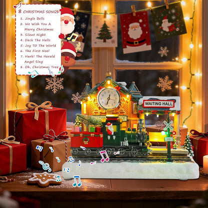 VCUTEKA Animated Christmas Village Train Station - Lighted Musical Santa Decor for Holiday Display