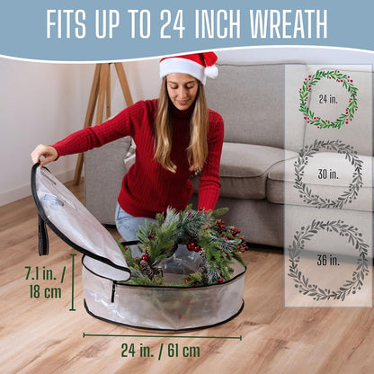 VENO Wreath Storage Container - 24 Inch Heavy Duty Clear Bag with Wall Hanging Handles | 2 Pack