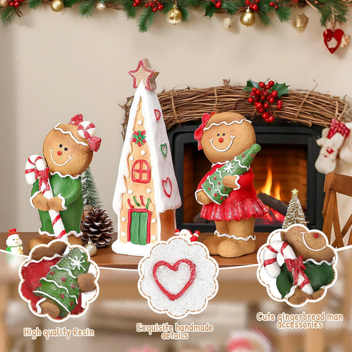 Regine Switzerland Christmas Tabletop Decorations - 3 Pcs Gingerbread House & Figurines Set for Holiday Decor