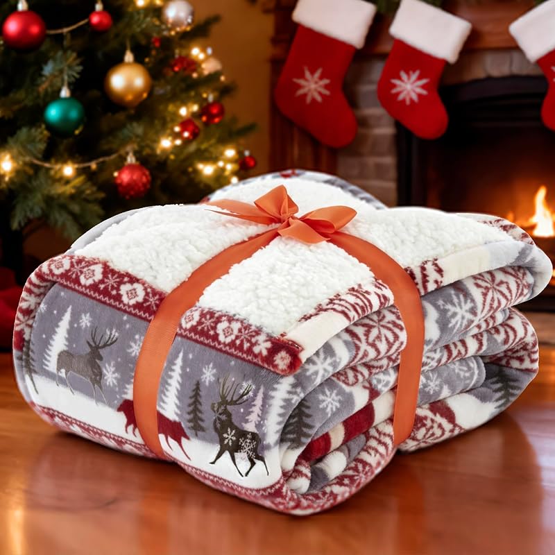 Winter Nordic Reindeer Throw Blanket - Burgundy 51"×67" Fleece, Queen
