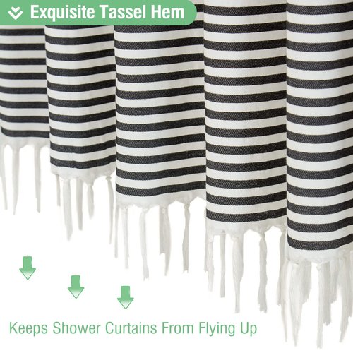 Dynamene Modern Farmhouse Fabric Shower Curtain Boho Black and White Striped Cloth Bathroom Shower Curtain with Tassels, Hotel Luxury Decorative Shower Curtain Set with 12 Hooks - 72x72
