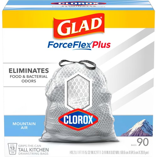 Glad Trash & Food Storage Tall Kitchen Trash Bags ForceFlexPlus With Clorox, 13 Gallon, Mountain Air 90 Count (Package May Vary),White-Gray