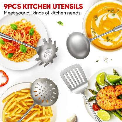 Newness 9-Piece Stainless Steel Cooking Utensils Set | Durable Kitchen Tools, Dishwasher Safe