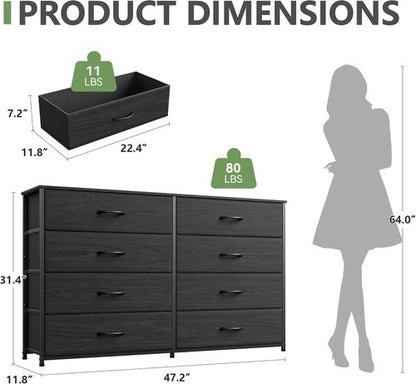 Furnulem Wide Dresser - 8 Fabric Drawers & Wood Top | TV Entertainment Center for 55'' TV (Black Oak)