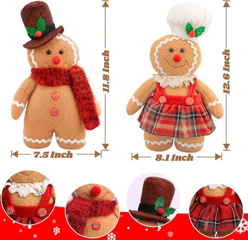 Gingerbread Plush Ornaments - 12.6 Inch Stuffed Animal Christmas Decor Gift for Kids | Set of 2