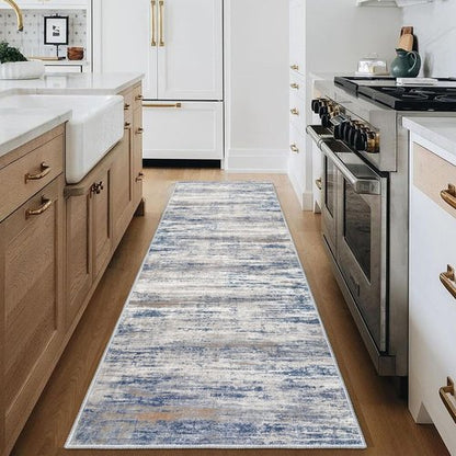 KOZYFLY Modern Abstract Hallway Runner Rug, 2.6x8 Washable Rug Runner Non-Slip Soft Striped Kitchen Runner Rugs, Print Distressed Grey Blue Carpet Runner for Entryway Bathroom Laundry Room Foyer