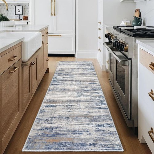 KOZYFLY Modern Abstract Hallway Runner Rug, 2.6x8 Washable Rug Runner Non-Slip Soft Striped Kitchen Runner Rugs, Print Distressed Grey Blue Carpet Runner for Entryway Bathroom Laundry Room Foyer