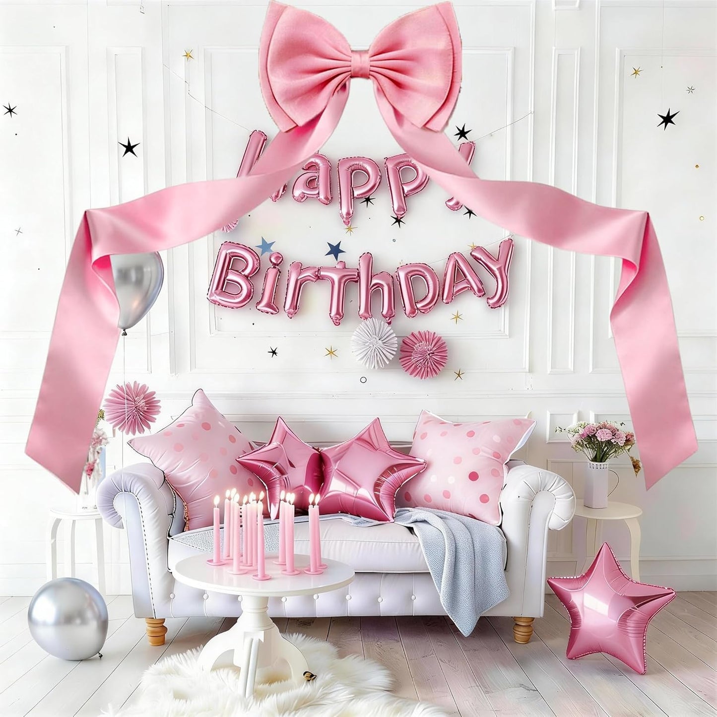 Vovoir Giant Bow Decoration - 75x18 Inch Pink Satin Bow Set with 10 Decorative Ribbons for Weddings & Parties