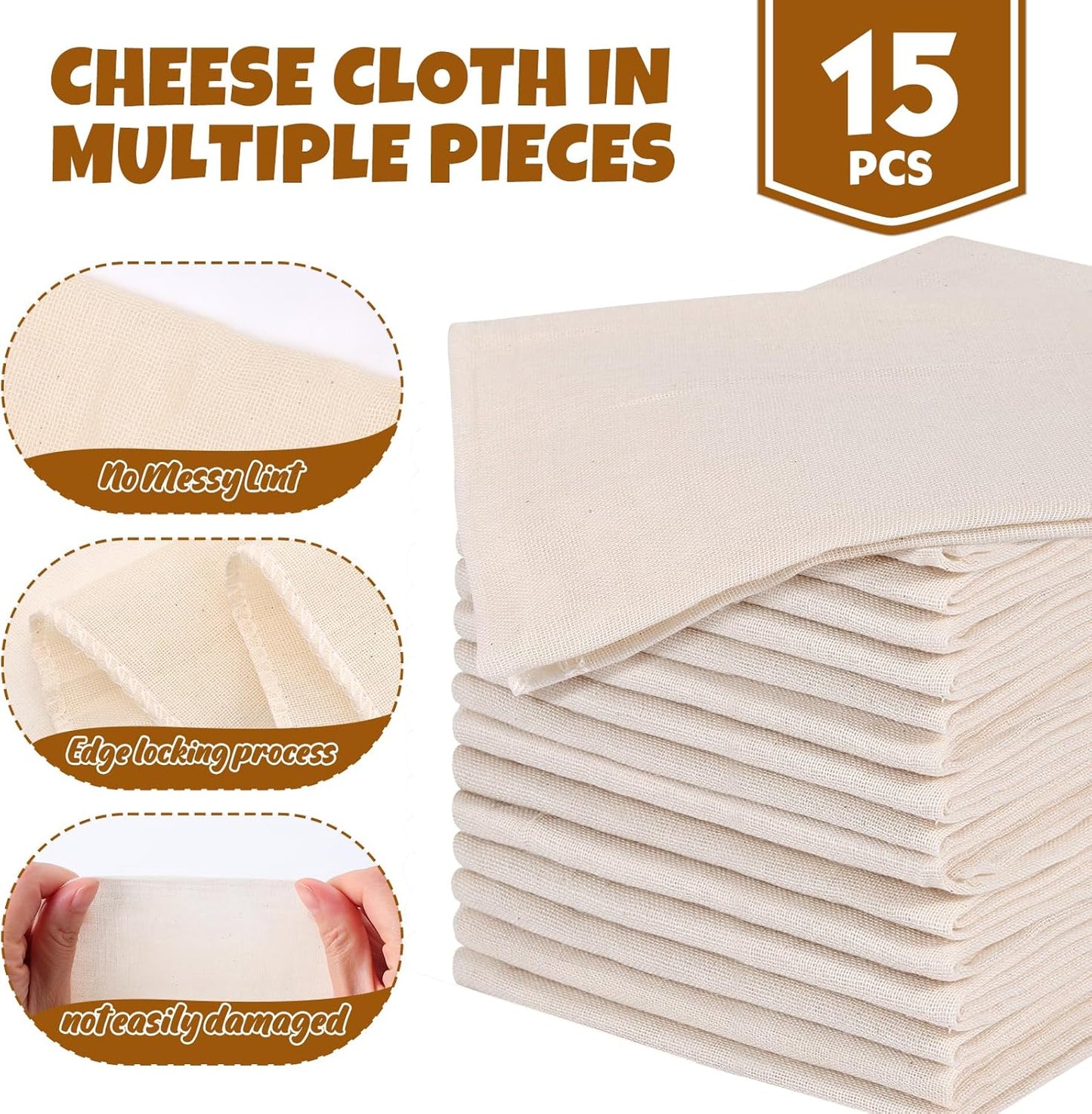 Skiennix Cheese Cloths - 15 PCS Organic Cotton Straining Cloths, 20x20 Inch, Reusable & Unbleached