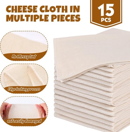 Skiennix Cheese Cloths - 15 PCS Organic Cotton Straining Cloths, 20x20 Inch, Reusable & Unbleached