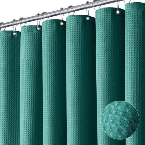 Dynamene Extra Long Shower Curtain - 84 Inch Long Green Fabric Waffle Weave Heavy Duty Shower Curtain for Bathroom, Weighted Hotel Thick Cloth Shower Curtain Set with 12 Hooks,72x84, Seaweed Green