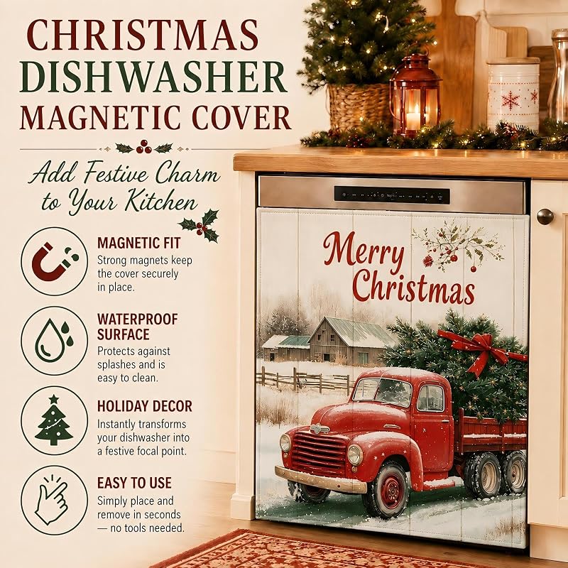 Christmas Red Truck Dishwasher Magnet Cover - Full Door Magnetic Panel