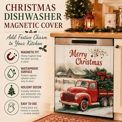 Christmas Red Truck Dishwasher Magnet Cover - Full Door Magnetic Panel