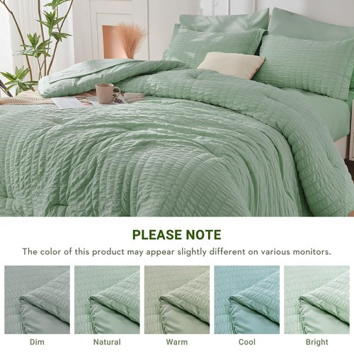 HYMOKEGE Sage Green California King Comforter Set Seersucker 7 Pieces, All Season Luxury Bed in a Bag for Bedroom, Bedding Set with Comforters, Sheets, Pillowcases & Shams