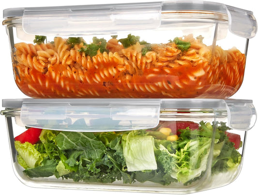 Vtopmart Large Glass Storage Containers - 2 Pack 1860ml | Airtight Meal Prep Set with Snap Lids, Grey