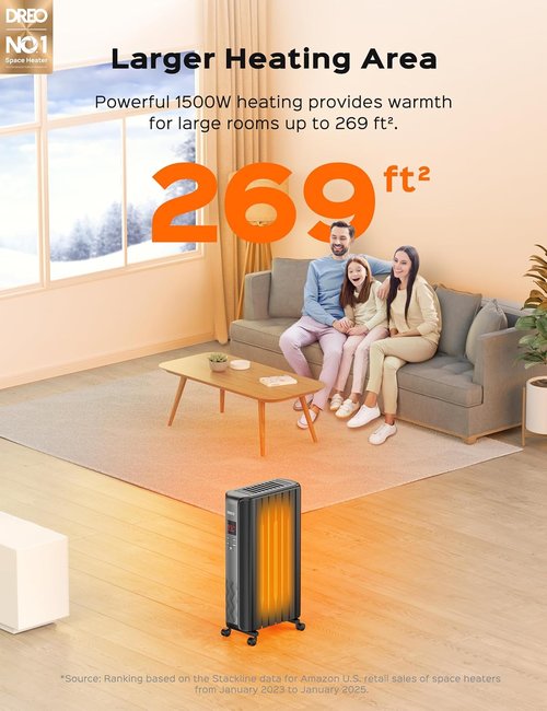 DREO Electric Radiant Heater - Oil Filled Radiator with Remote Control & 24h Timer | Quiet Indoor Use