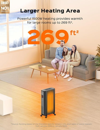 DREO Electric Radiant Heater - Oil Filled Radiator with Remote Control & 24h Timer | Quiet Indoor Use