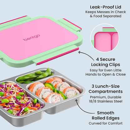 Bentgo Stainless Steel Lunch Box with 3 Compartments, 4.3 Cup Capacity, Leak-Proof Lid - Strawberry