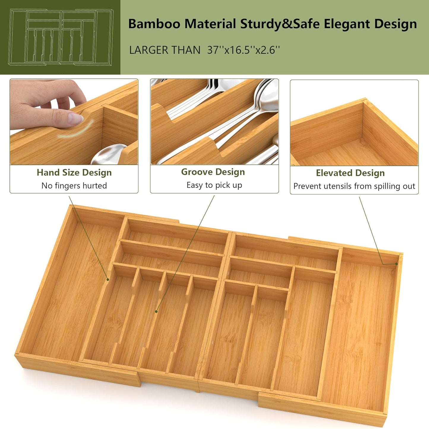 Suli Silverware Drawer Organizer - Adjustable Bamboo Utensil Holder for Forks, Knives & Spoons | Expandable 22in-37in