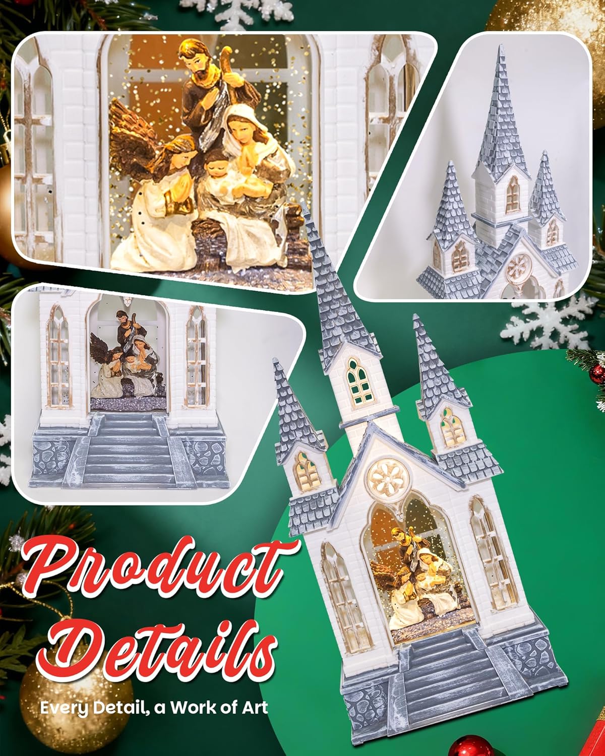 Regine Switzerland Large Christmas Nativity Snow Globe - Light-Up with Music, 9.84" | 6-Hour Timer & Dual Power