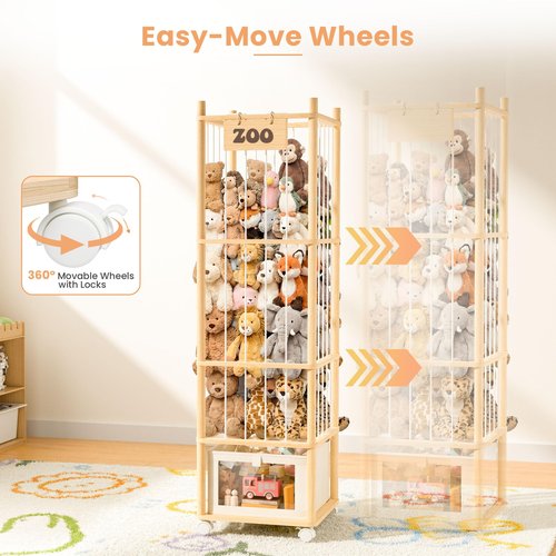 upsimples 58in Stuffed Animal Storage with Drawer and Wheels, Natural Wood Large Capacity Plushies Holder & Organizer for Bedroom Corner