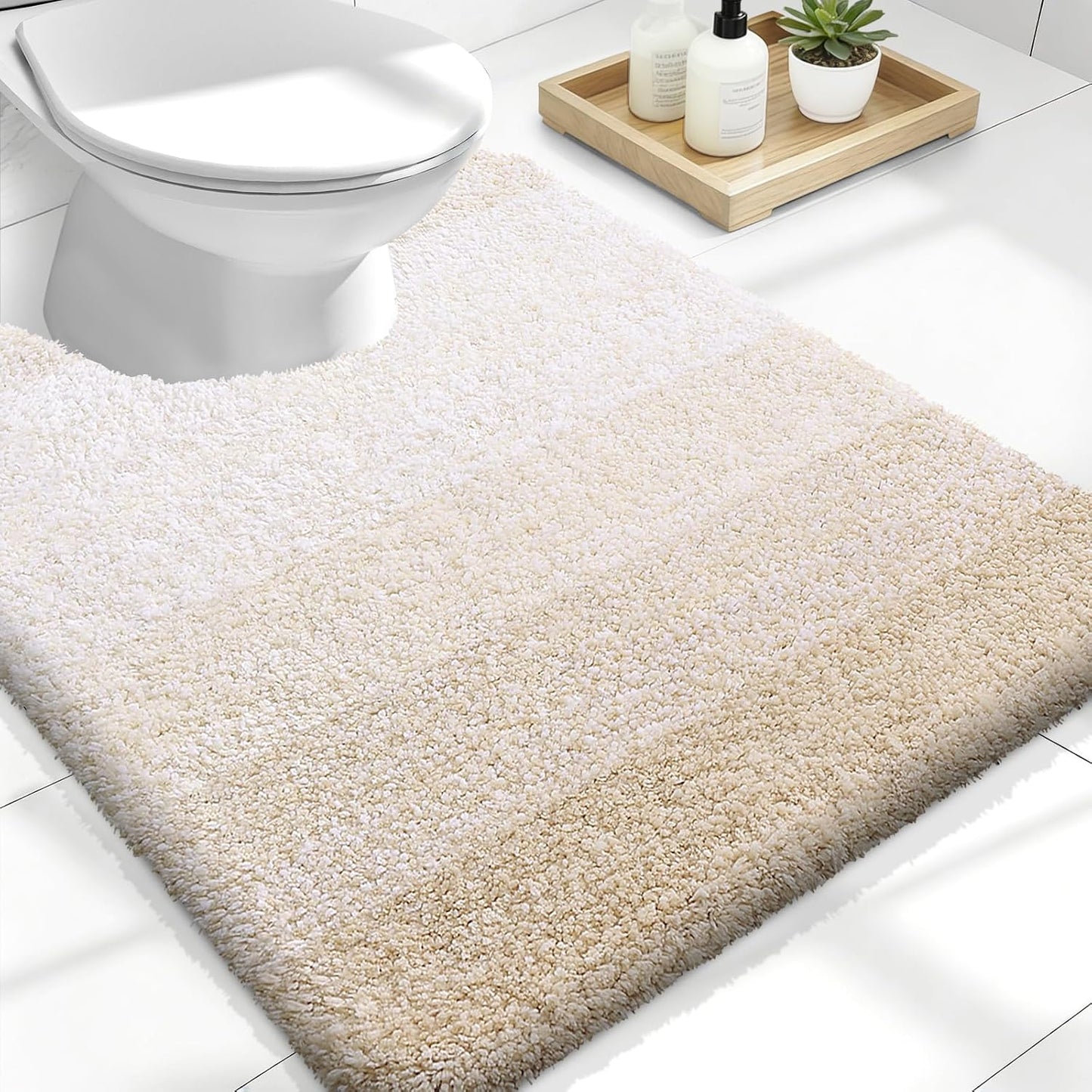 OLANLY Luxury U-Shaped Toilet Rugs - Extra Soft, Absorbent Microfiber Bath Mat 24x20, Non-Slip Light Beige