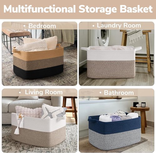 Goodpick Large Blanket Basket - Woven Cotton Rope Storage Solution | 22" x 17" x 12" | White & Brown
