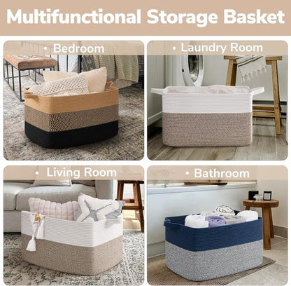 Goodpick Large Blanket Basket - Woven Cotton Rope Storage Solution | 22" x 17" x 12" | White & Brown