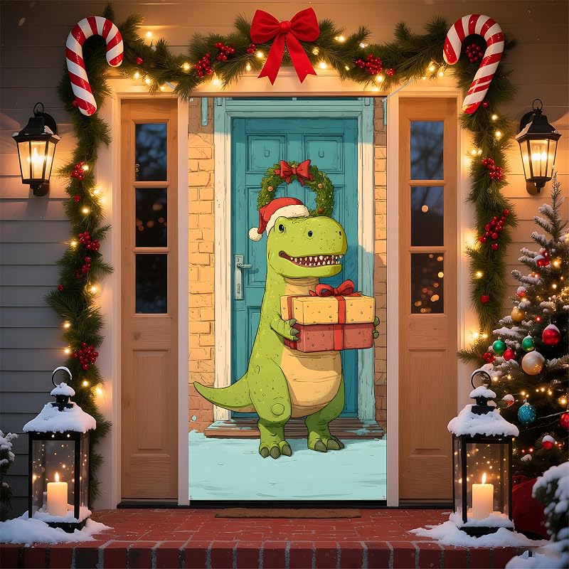 Green Dinosaur Christmas Door Banner 70.8 x 35.4 Inch - Indoor/Outdoor Holiday Decor
