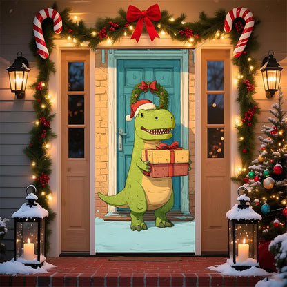 Green Dinosaur Christmas Door Banner 70.8 x 35.4 Inch - Indoor/Outdoor Holiday Decor
