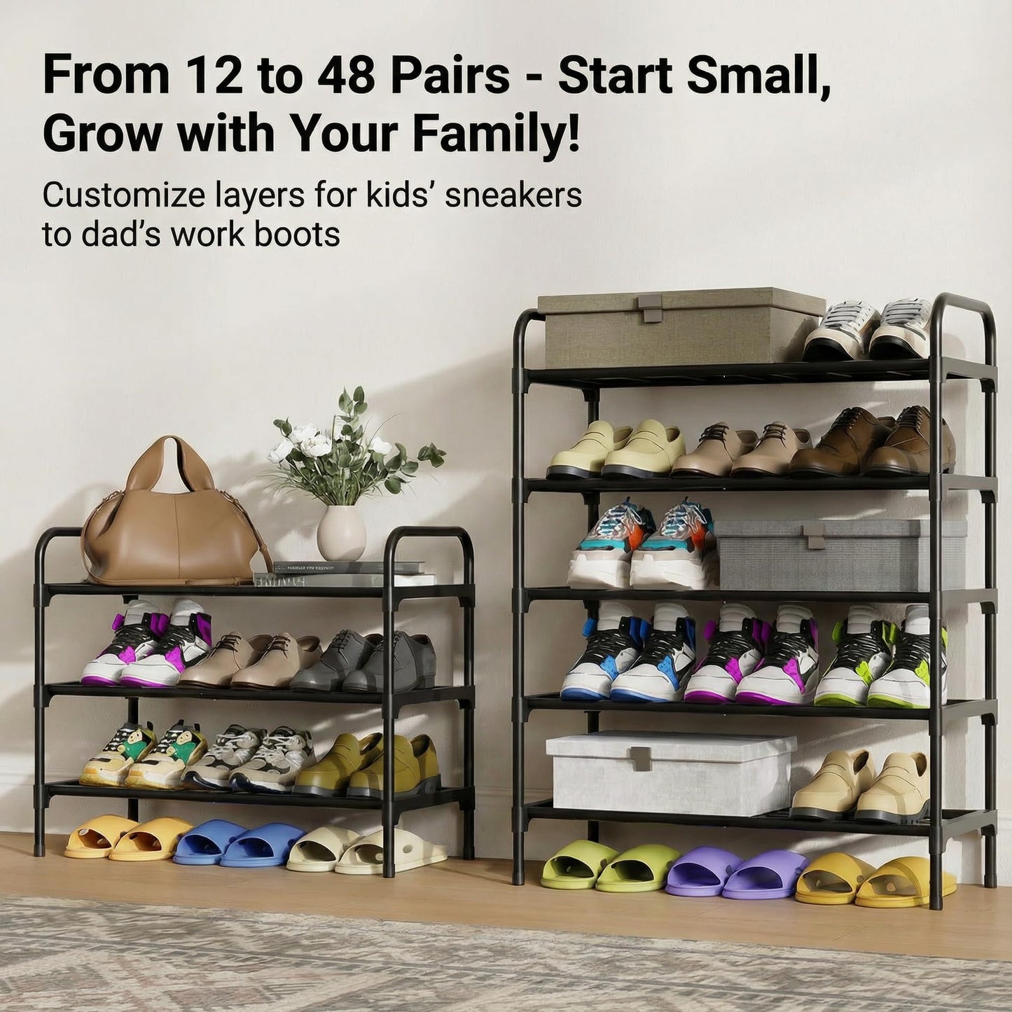 Tujurich 3-Tler Shoe Rack Organlzer, Rustproof lron, Spaclous Shoe Storage Shelf for Closet or Entryway, Fits Sneakers & Slippers, Black
