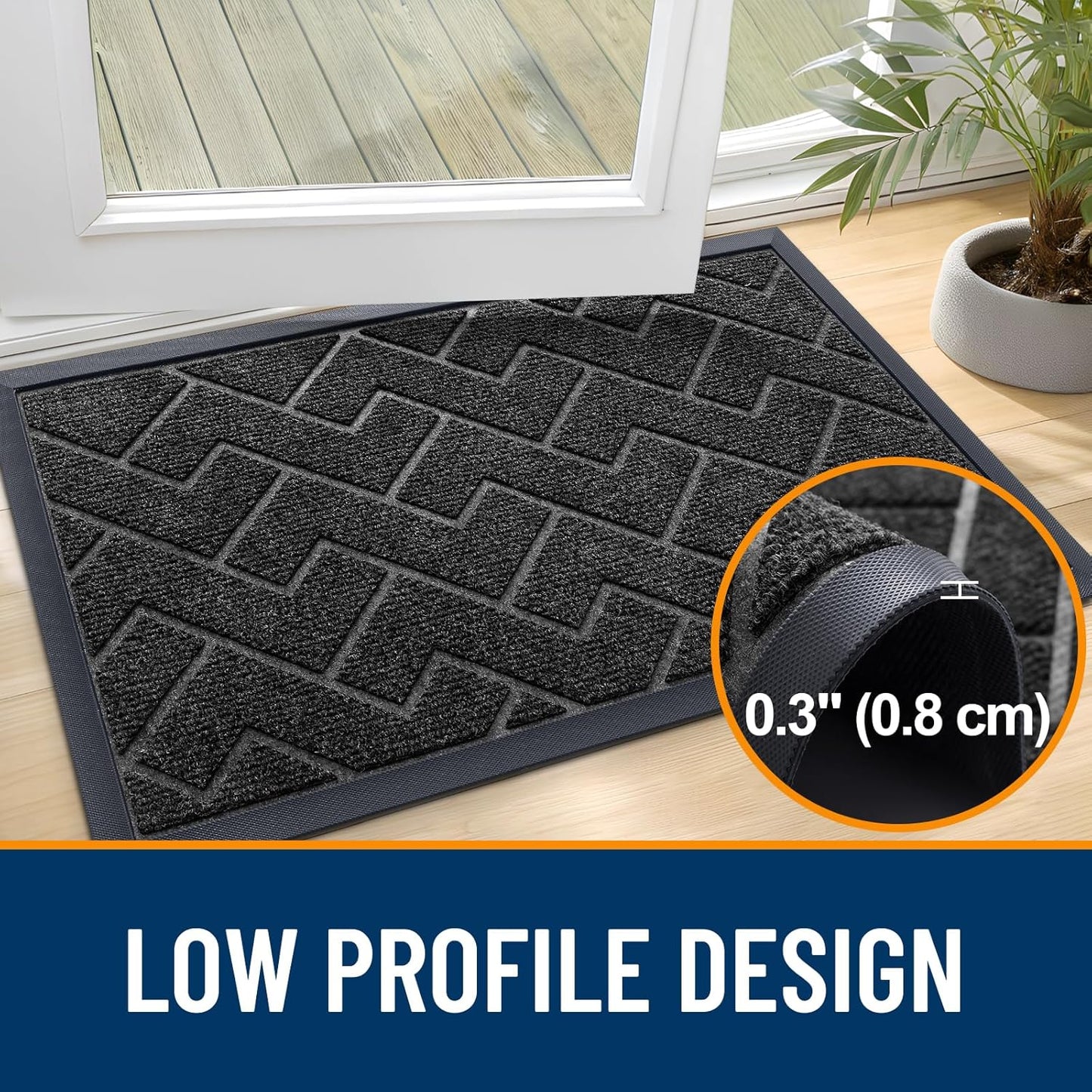 OLANLY Waterproof Front Door Mat - All-Season, Sturdy Natural Rubber, Low Profile, Herringbone Brick (Black, 47x17)